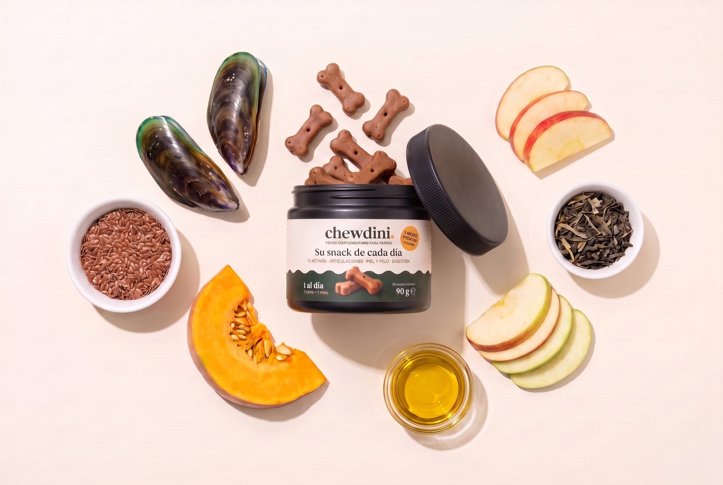 The open black Chewdini jar with bone-shaped chews, surrounded by green-lipped mussel, pumpkin, flax, apple, green tea and algal oil