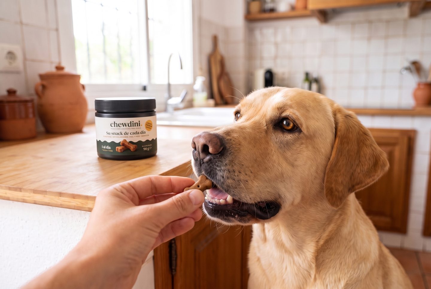 A hand gives a bone-shaped Chewdini chew to a labrador in a kitchen; the black jar behind