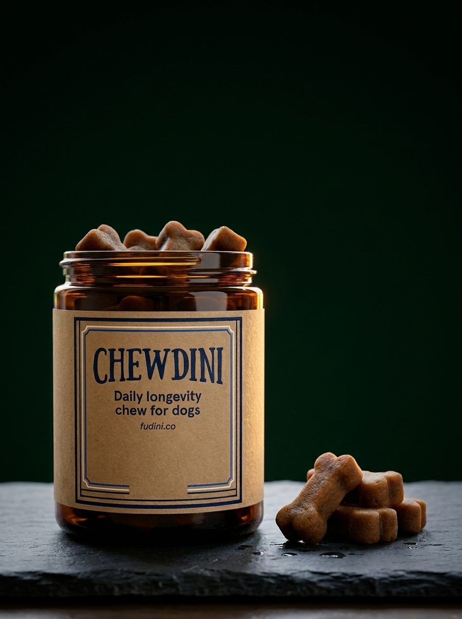 A jar of Chewdini soft chews on dark slate, with bone-shaped chews beside it