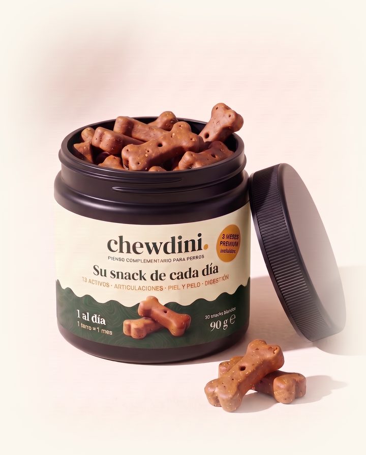 The black Chewdini jar open and full of bone-shaped chews, the cap beside it and two chews in front, on a light ground