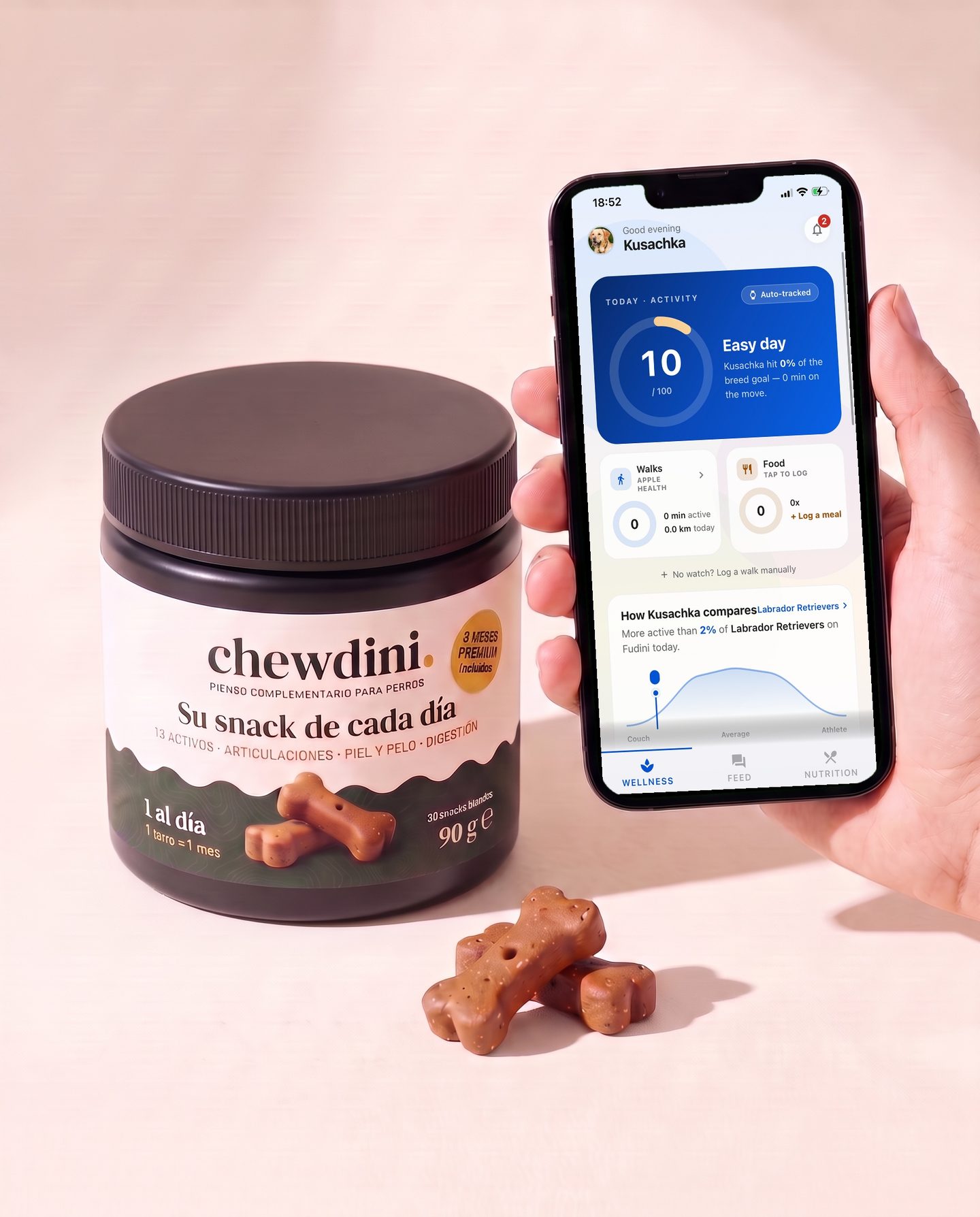 A hand holds a phone with the Fudini app open beside the black Chewdini jar